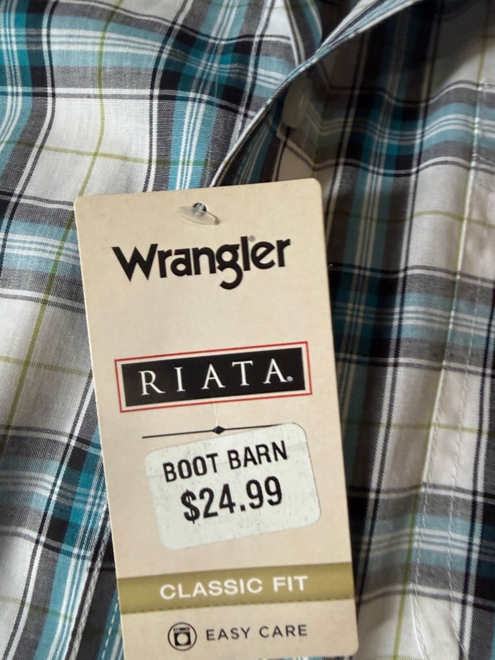 Wrangler Men’s Teal, Black and White Plaid Button-Down Shirt - Picture 2 of 4